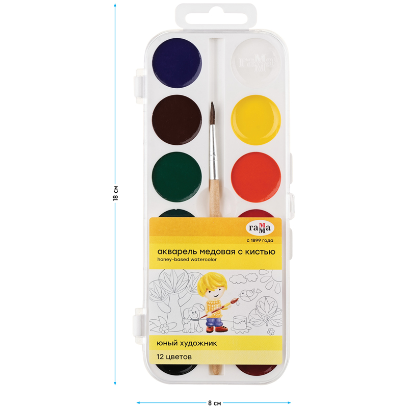Краски акварельные медовые 12 цветов Гамма &quot;Юный художник&quot;, с кистью, пластиковая коробка (212070)