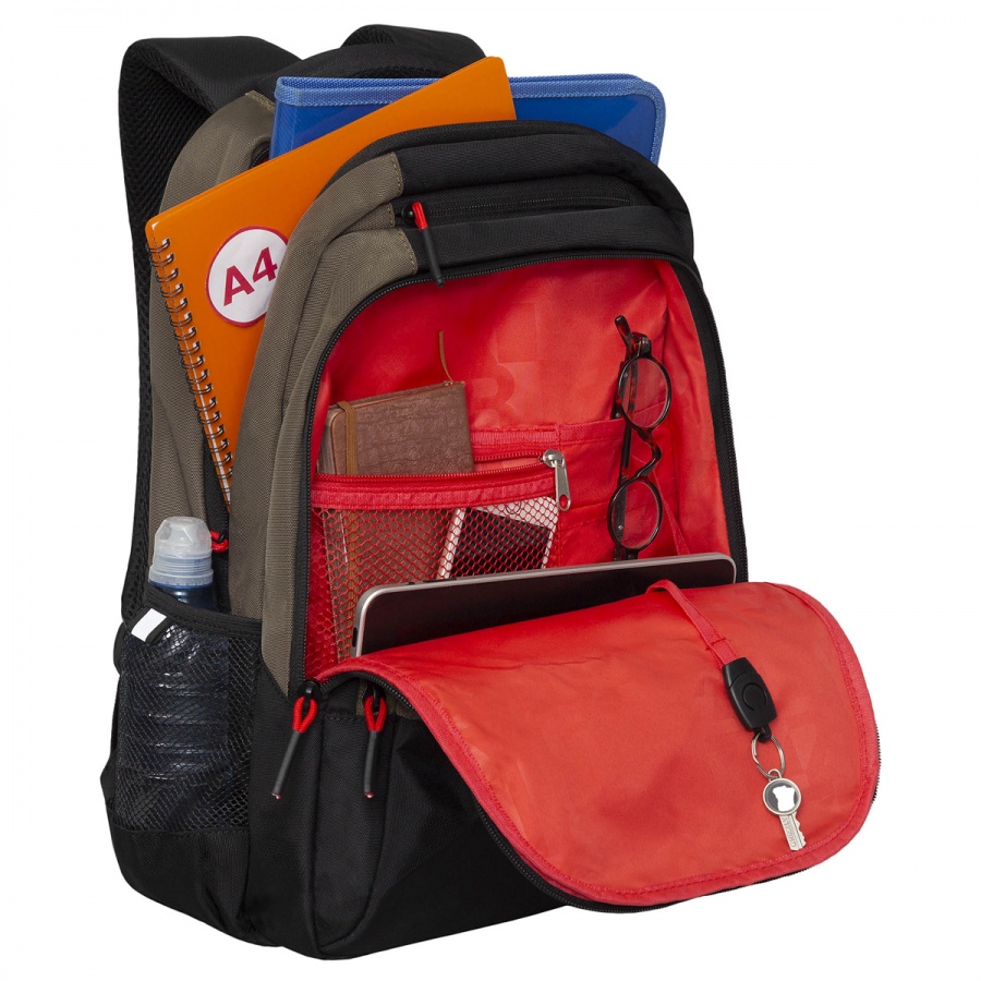 Рюкзак школьный Grizzly, 32x45x23см, 2 отделения, 4 кармана, анатомическая спинка, черный-хаки (RU-330-1/2)