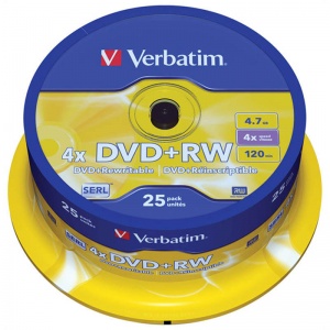 Оптический диск DVD+RW Verbatim 4.7Gb, 4x, cake box, 25шт. (43489)