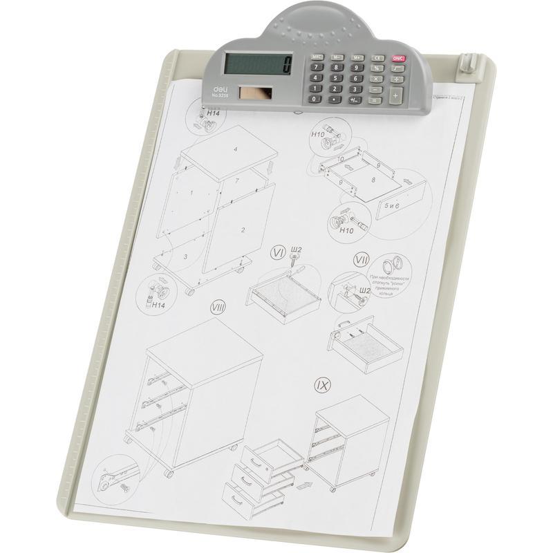 Папка-планшет Deli (А4, пластик, с зажимом) серая с калькулятором