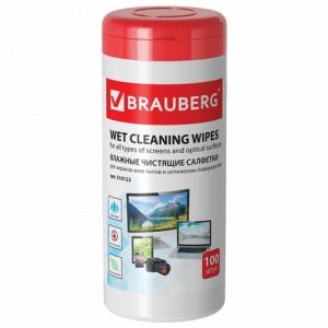 Салфетки чистящие влажные Brauberg, для экранов мониторов и оптики, в тубе, 100шт. (510122), 12 уп.