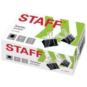 Зажимы для бумаг металлические Staff (41мм, до 200 листов, черные) в картонной коробке, 12шт. (224609)