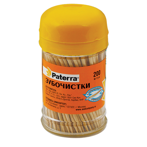 Зубочистки деревянные Paterra (в пластиковой баночке), 200шт. (401-623)