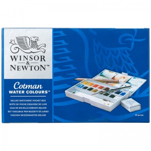 Краски акварельные 16 цветов Winsor&Newton "Cotman" для эскизов Делюкс, малая кювета, кисть, клячка, карандаш, пласт. коробка (390060)