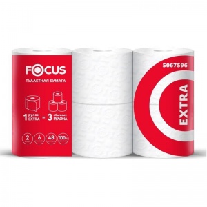 Бумага туалетная для диспенсера 2-слойная Focus Extra, белая, 48м, 6 рул/уп (5042265), 6 уп.