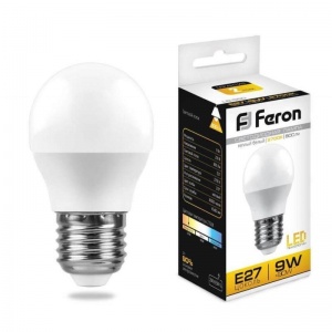 Лампа светодиодная Feron (9Вт, Е27, шарообразная) теплый белый, 1шт.
