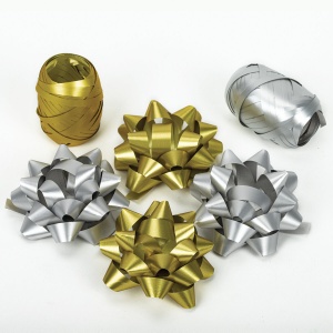 Набор декоративный Золотая Сказка, 4 банта, 2 ленты, матовый металл, золотистый, серебристый, 3шт. (591850)