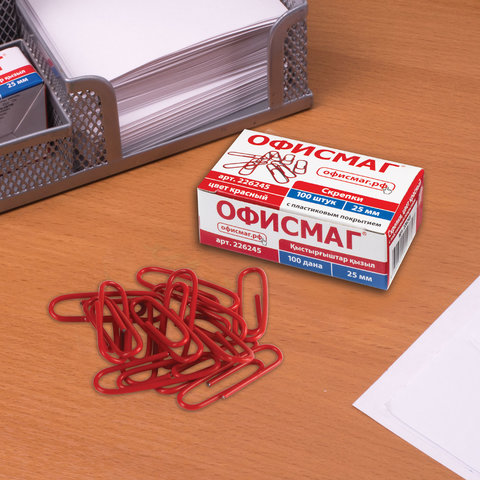 Скрепки Офисмаг (25мм, красные) картонная упаковка, 100шт., 25 уп. (226245)