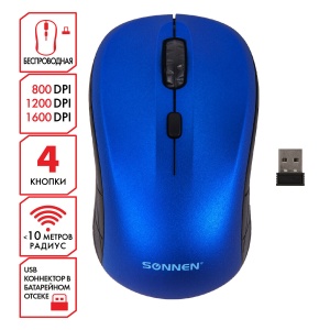 Мышь оптическая беспроводная Sonnen V-111, USB, 4 кнопки, оптическая, синяя (513519)