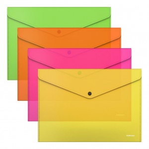 Папка-конверт на кнопке Erich Krause Glossy Neon (А4, пластик) непрозрачная цветная, 12шт.