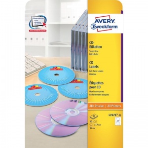 Этикетки для CD/DVD Avery Zweckform L7676-25 (А4, 2шт. на листе А4, d=117мм, 25 листов, белые матовые)