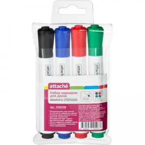Набор маркеров для досок Attache мокрого стирания (круглый наконечник, 2-5мм, 4 цвета) 4шт., 24 уп.