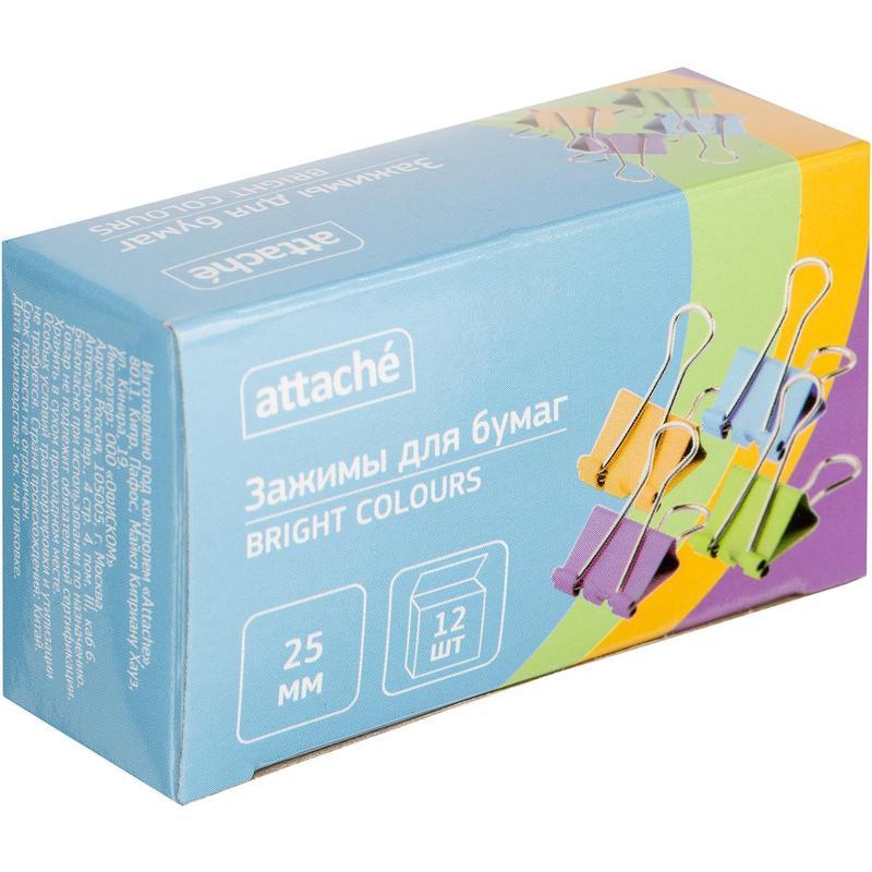 Зажимы для бумаг металлические Attache Bright Colours (25мм, до 80 листов, цветные) 12шт., 12 уп.