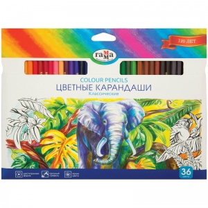 Карандаши цветные 36 цветов Гамма "Классические" (L=174мм, D=7мм, d=2.6мм, 6гр) картонная упаковка, 6 уп. (050918_05)
