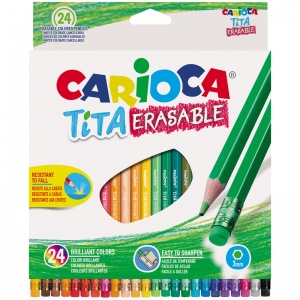 Карандаши цветные 24 цвета Carioca Tita Erasable (L=186мм, D=7.4мм, d=3мм, 6гр, пластик) картонная упаковка (42938), 6 уп.