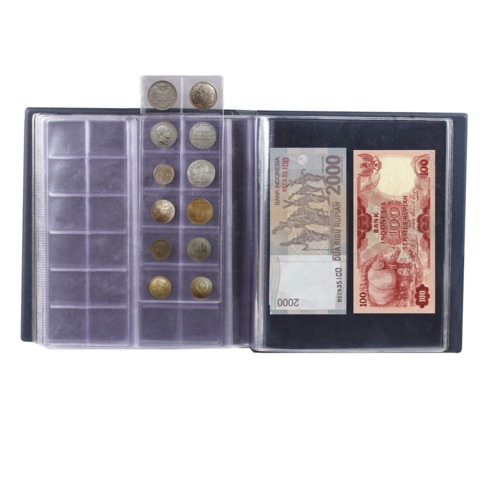 Альбом для монет и купюр ДПС на винтах, 224х224мм, на 216 монет до D=45мм, выдвижные карманы, синий (2855-201)