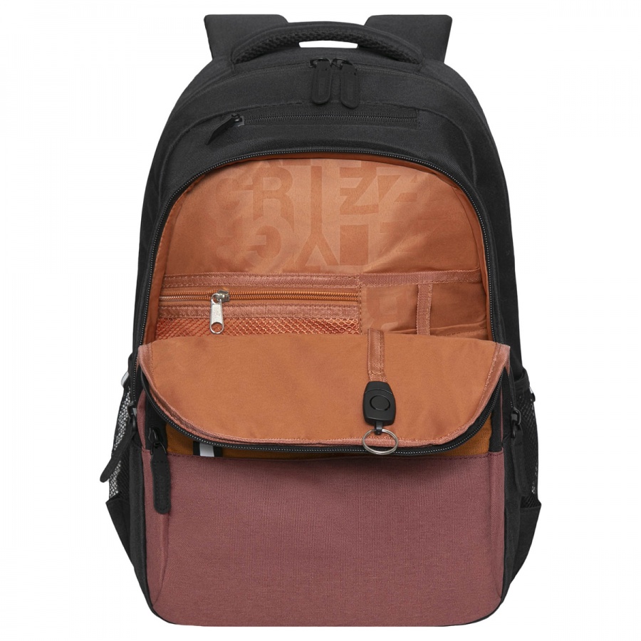 Рюкзак школьный Grizzly, 32x45x23см, 2 отделения, 4 кармана, анатомическая спинка, черный-коричневый (RU-330-3/4)