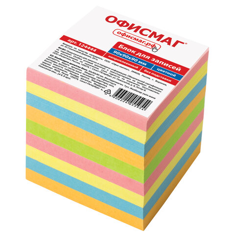 Блок-кубик для записей Офисмаг, 90x90x90мм, непроклеенный, цветной (124444), 12шт.
