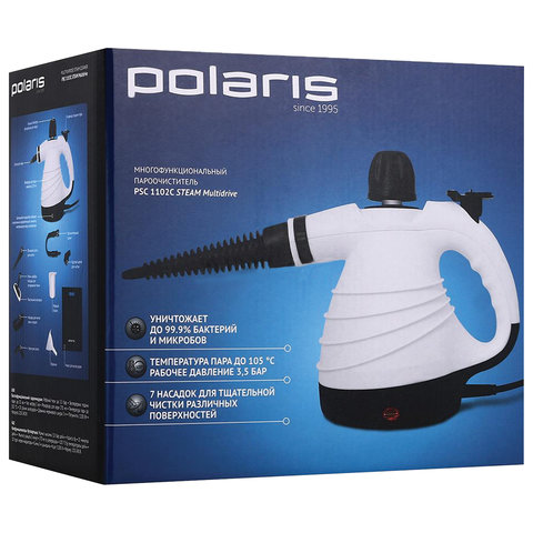 Пароочиститель Polaris PSC 1102C STEAM, 10 аксессуаров, черный/белый