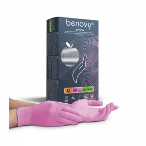 Перчатки одноразовые нитриловые смотровые Benovy, нестерильные, неопудренные, размер M (7-8), розовые, 50 пар