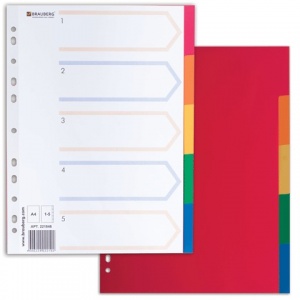 Разделитель листов пластиковый Brauberg (А4, на 5л., цветовой, оглавление) цветной (221846), 100шт.