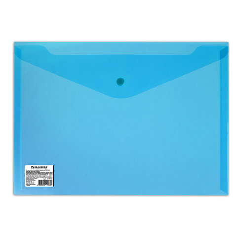 Папка-конверт на кнопке Brauberg (А4, до 100л., 180мкм, пластик плотный) прозрачная синяя (224813), 10шт.