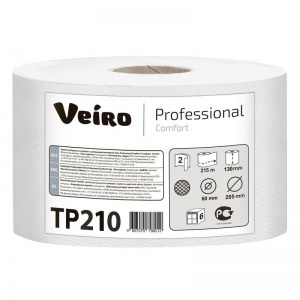 Бумага туалетная для диспенсера 2-слойная Veiro Comfort, белая, 215м, 6 рул/уп (TP210)