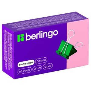 Зажимы для бумаг металлические Berlingo (25мм, до 100 листов, цветные) 12шт. (BC1225f)