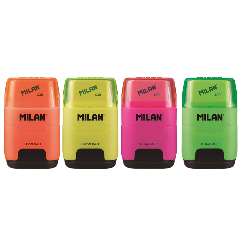 Точилка ручная пластиковая с ластиком Milan Compact Fluo (2 отверстия, с контейнером) (4719116)