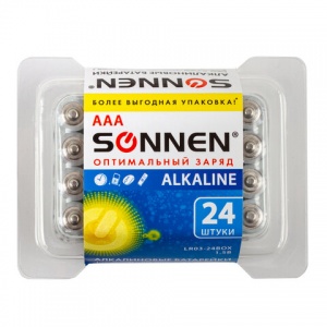 Батарейка Sonnen AAA/LR03 (1.5 В) алкалиновая (пластик.короб, 24шт.) 2 уп. (455096)