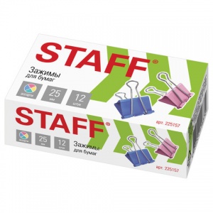 Зажимы для бумаг металлические Staff (25мм, до 100 листов, цветные) в картонной коробке, 12шт. (225157)
