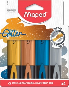 Набор маркеров-текстовыделителей Maped FluoPeps Glitter (1-5мм, с блестками, 4 цвета металлик) блистер, 12 уп. (742000)