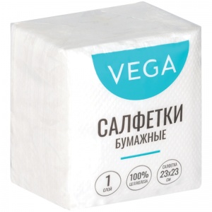 Салфетки бумажные 23x23см, 1-слойные Vega, белые, 80шт. (315615), 30 уп.
