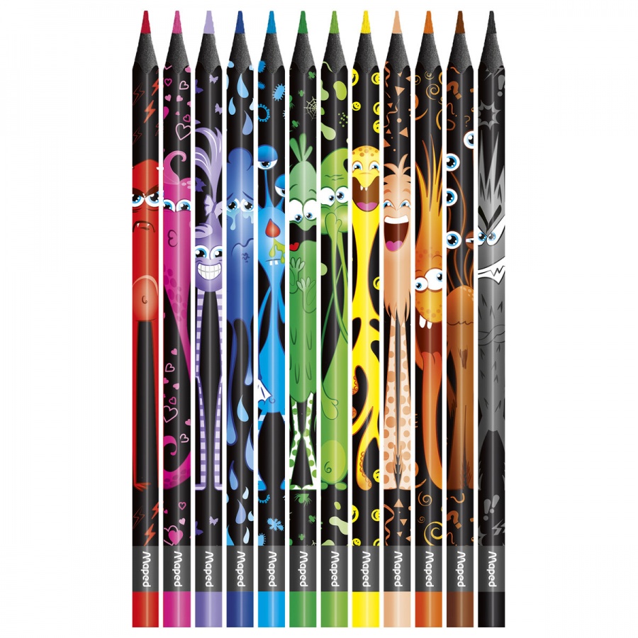 Карандаши цветные 12 цветов Maped Color'Peps Black Monster (L=188мм, пластик) (862612), 12 уп.
