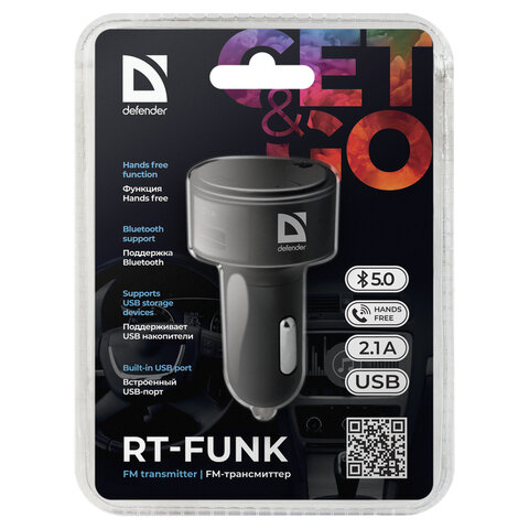 FM-трансмиттер Defender RT-Funk, Bluetooth, USB2.0, черный (68011)