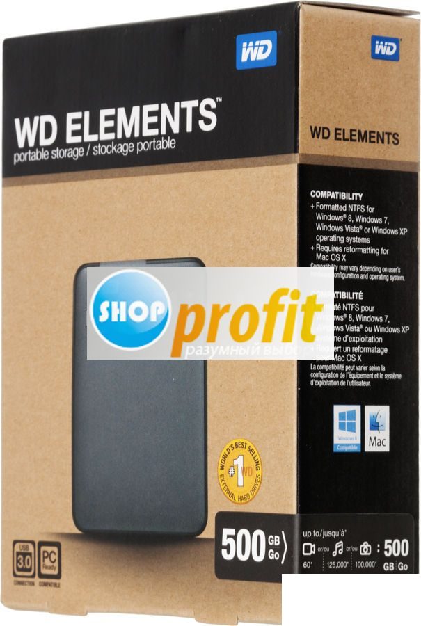 Внешний жесткий диск WD Elements Portable, 500Гб, черный (WDBUZG5000ABK-EESN)