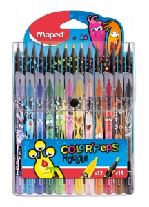 Набор для рисования Maped Color'Peps Monster, 12 фломастеров, 15 пластиковых цветных карандашей, в футляре (984718)