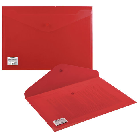 Папка-конверт на кнопке Brauberg (А4, до 100л., 200мкм, пластик) непрозрачная красная (221364)