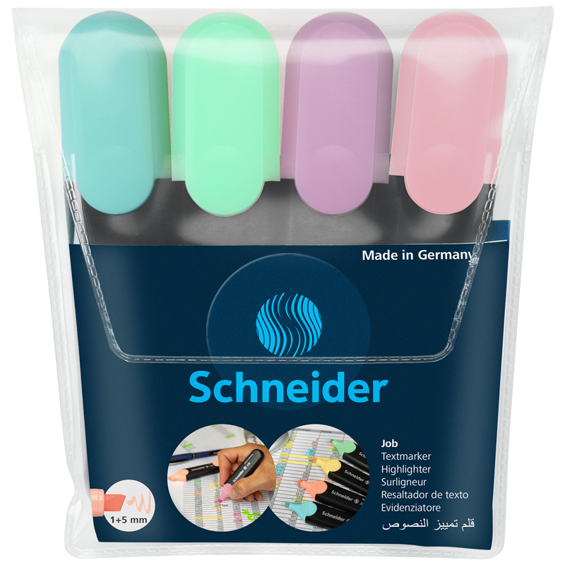 Набор маркеров-текстовыделителей Schneider Job (1-5мм, 4 цвета пастель), прозрачный чехол, 4шт. (115098)