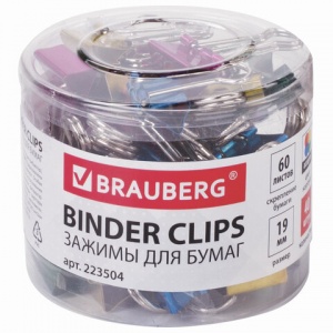 Зажимы для бумаг металлические Brauberg (19мм, до 60 листов, цвет металлик) в пластиковом цилиндре, 40шт. (223504)