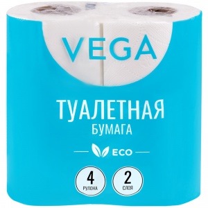 Бумага туалетная 2-слойная Vega Эко, белая, 15м, 4 рул/уп (315616)