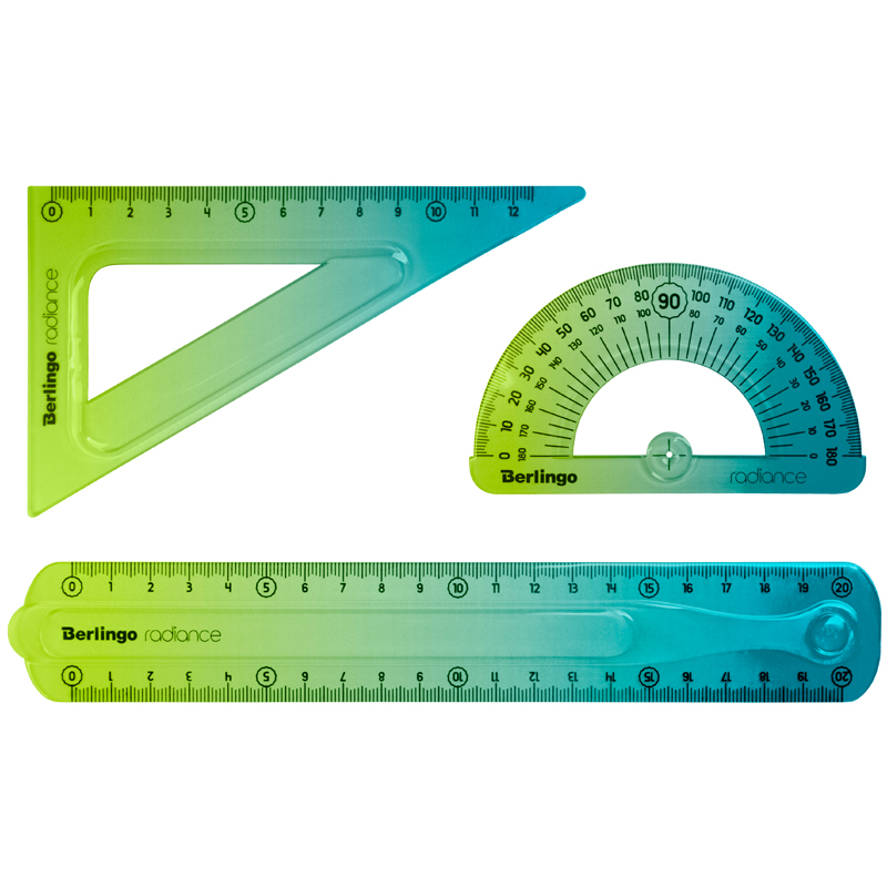 Набор чертежный средний Berlingo Radiance (треугольник 14см, линейка 20см, транспортир) гибкий, голубой/зеленый градиент (RS_10120)