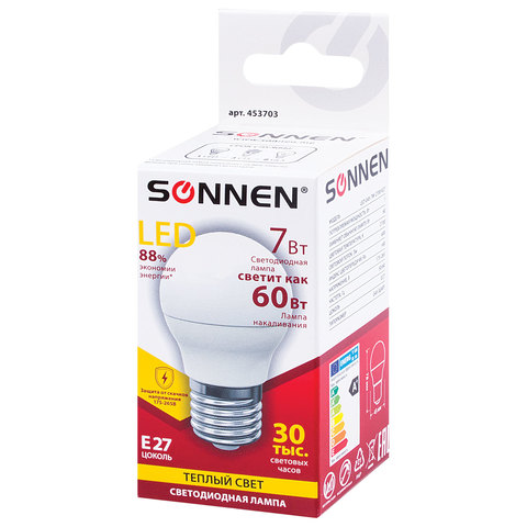 Лампа светодиодная Sonnen (7Вт, E27, шар) теплый белый, 1шт. (LED G45-7W-2700-E27)