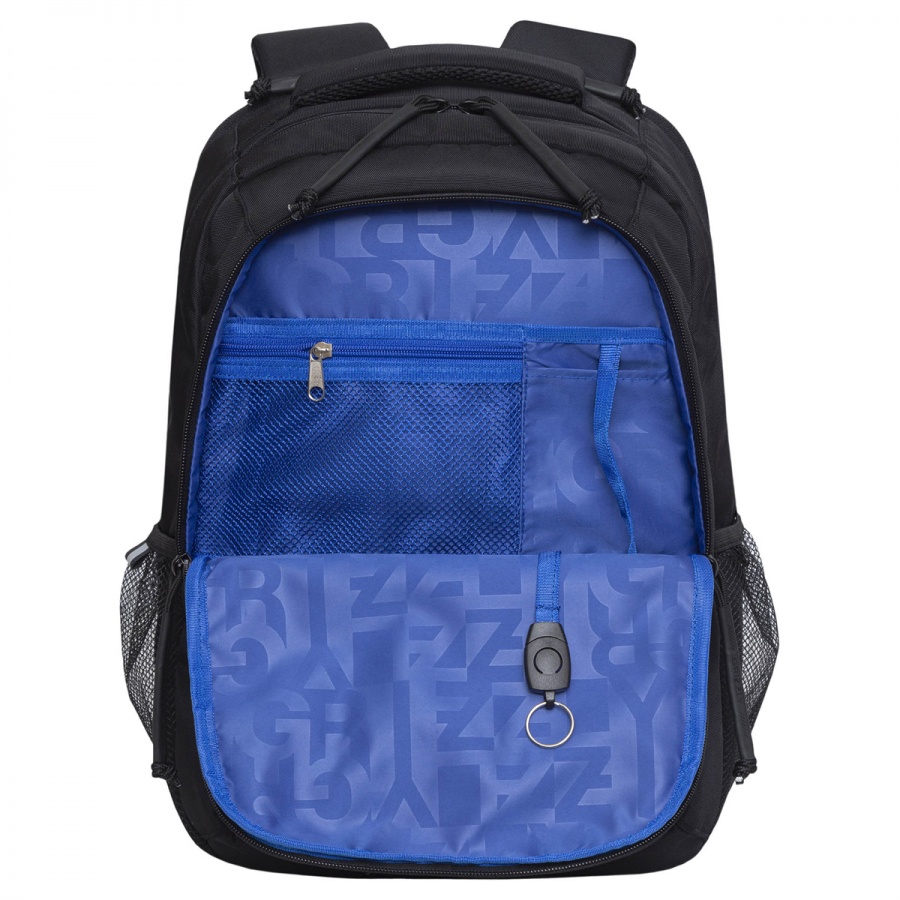 Рюкзак школьный Grizzly, 31x42x22см, 3 отделения, 3 кармана, анатомическая спинка, черный-синий (RU-332-3/1)
