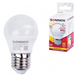 Лампа светодиодная Sonnen (7Вт, E27, шар) теплый белый, 10шт. (LED G45-7W-2700-E27)