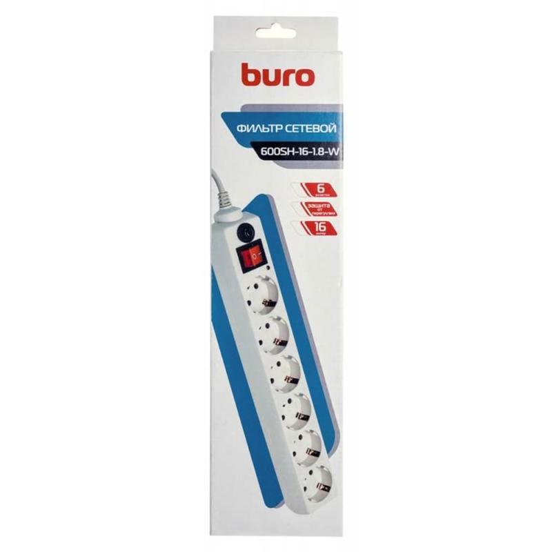 Сетевой фильтр Buro 600SH, 6 розеток, 1.8м, белый (600SH-16-1.8-W)