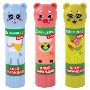 Клей-карандаш Brauberg Kids "Зверята: кошка, мышка, хрюшка", 9г, фигурный колпачок, 24шт. (271138)