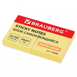 Стикеры (самоклеящийся блок) Brauberg, 38x51мм, желтый, 200 листов (122688)