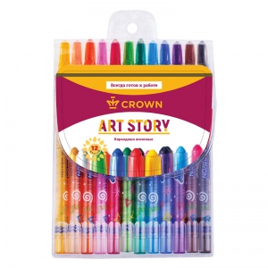 Карандаши восковые 12 цветов Crown ArtStory (L=170мм, D=10мм, 3гр, пластик, выкручивающийся стержень) ПВХ-упаковка, 12 уп. (TP-1200)