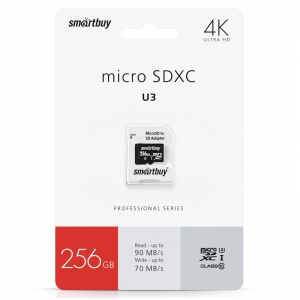 Карта памяти MicroSDXC SmartBuy 256Gb, PRO U3, Class 10 (с адаптером SD) (SB256GBSDCL10U3-01)